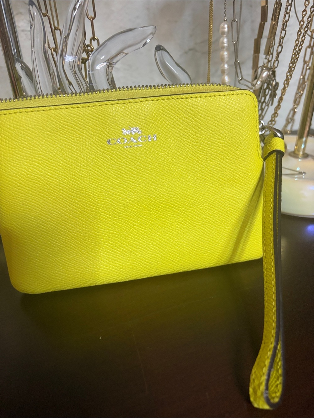 COACH Bright Yellow Leather Wristlet with Silver Logo